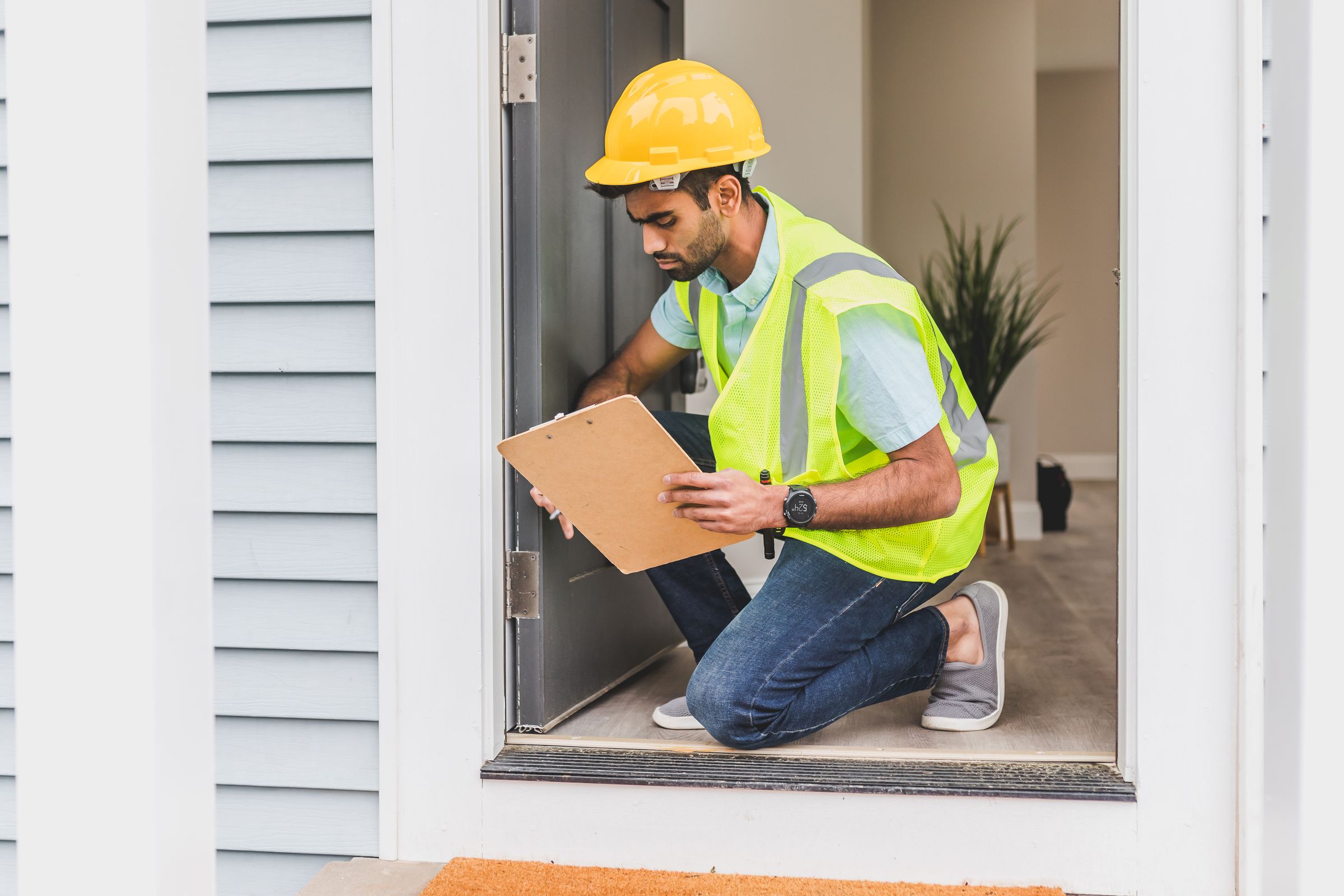 A home inspector with a clipboard checking a house